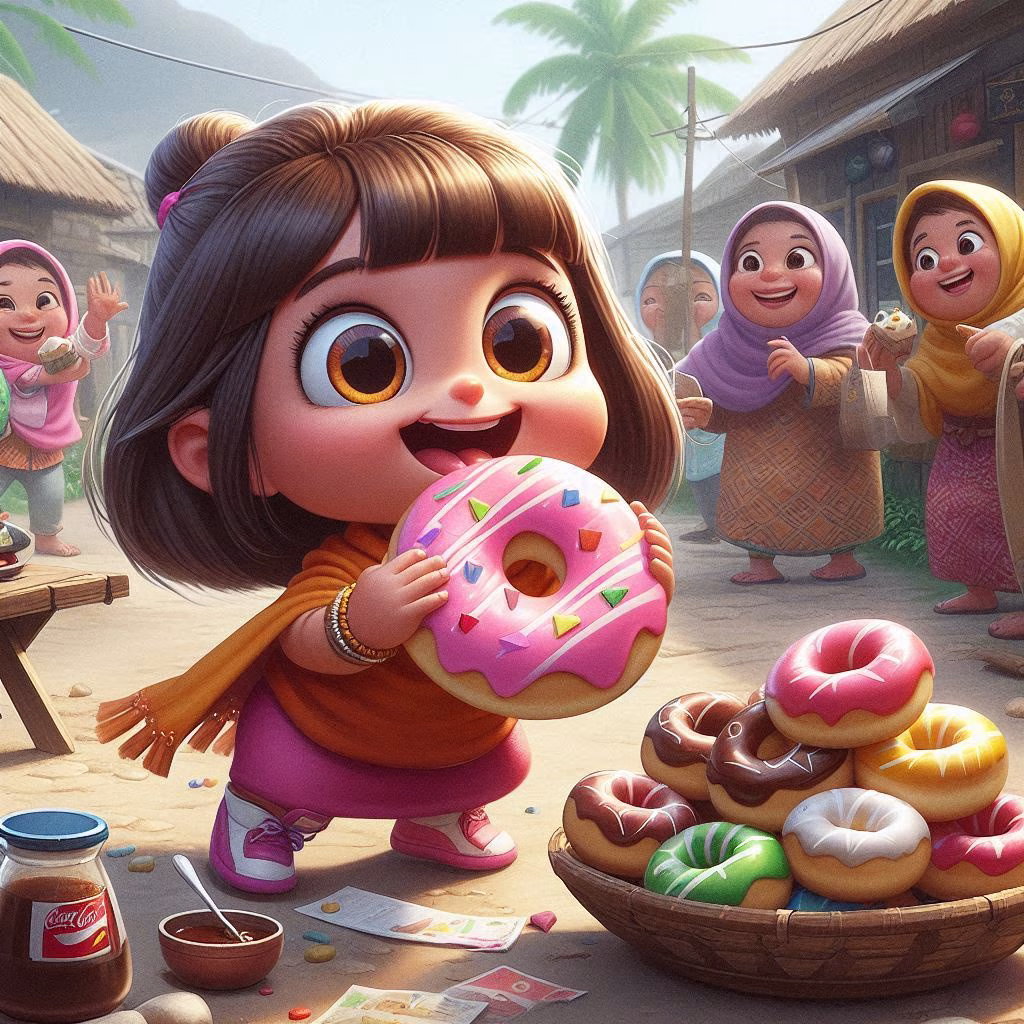 mia, the mischievous girl who loves donuts with sugar, helping the villagers