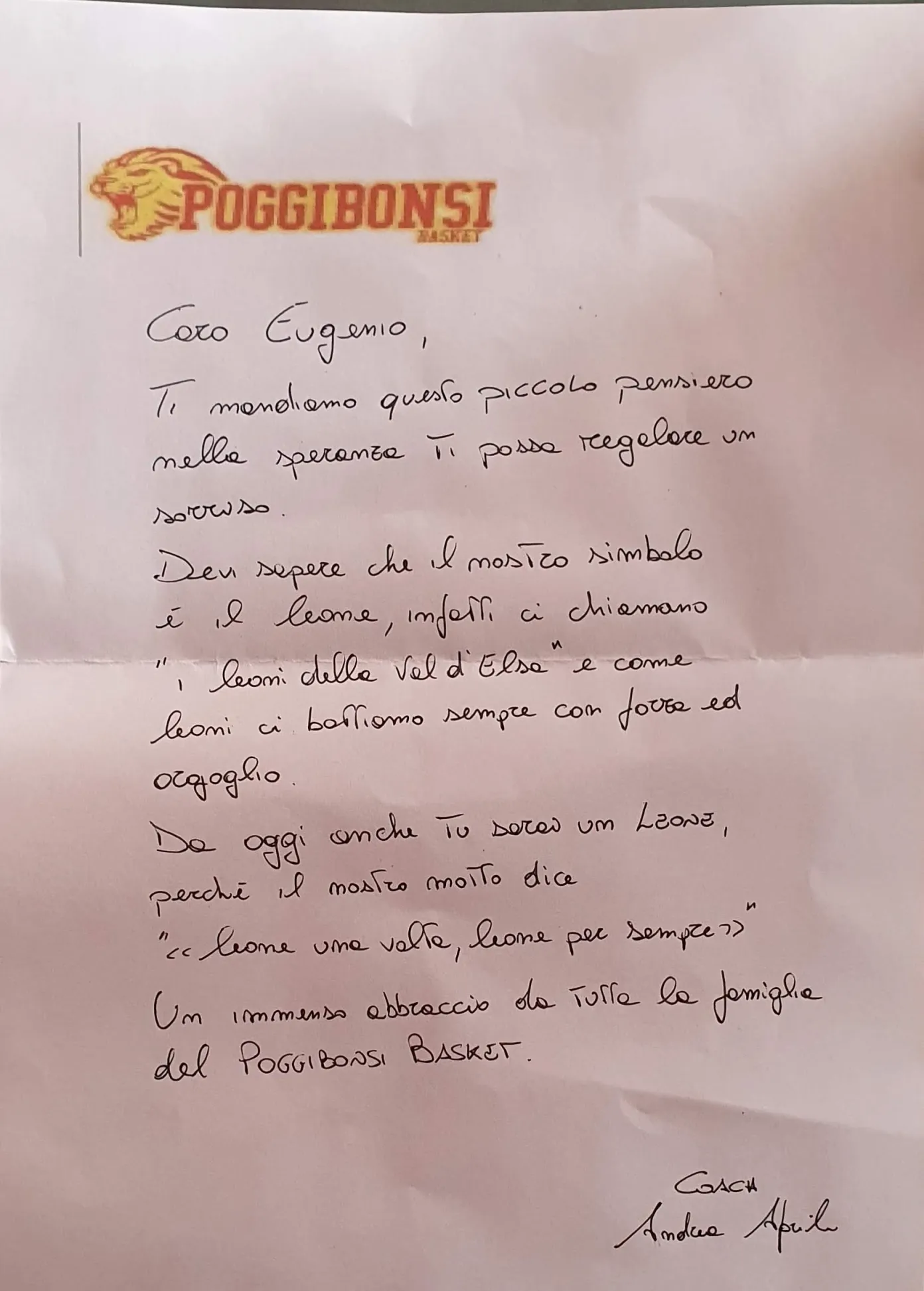 lettera del coach Andrea Aprile