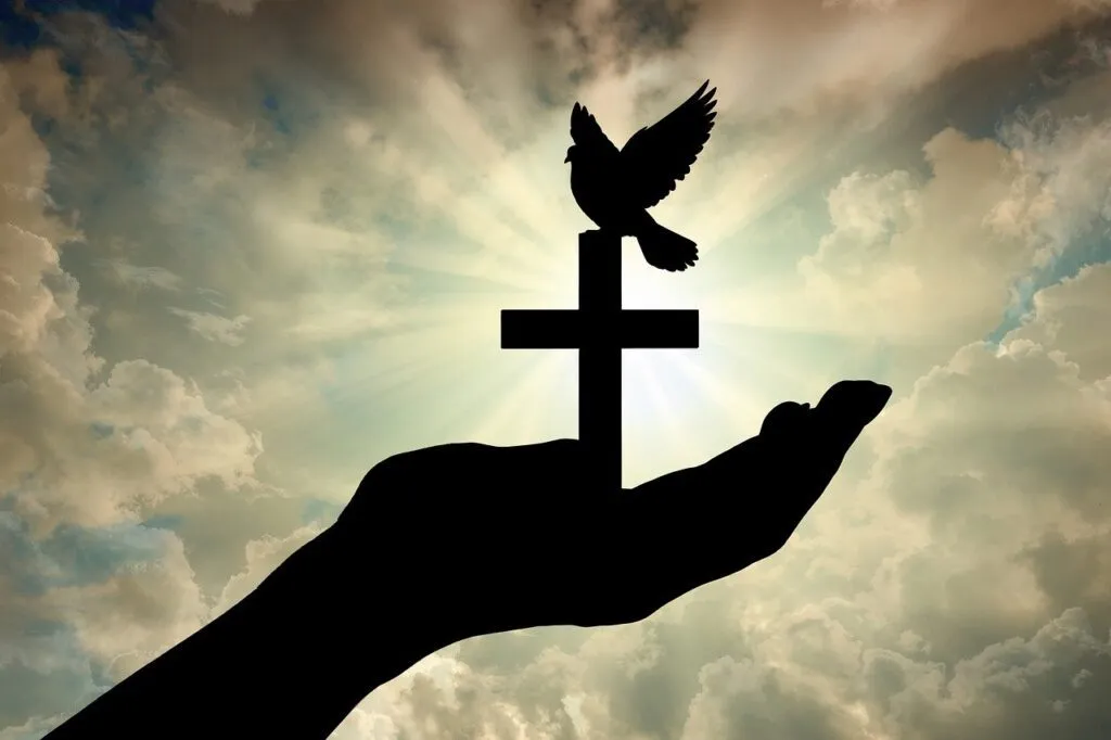 cross, dove, olive branch, peace, salvation, redemption, holy spirit, divine rays, revelation, hope, forgiveness, love, sacrifice, resurrection, new beginning, divine hand, grace, reconciliation, faith, eternal life