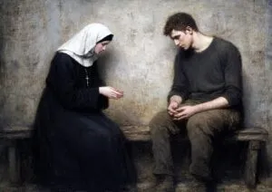 ai generated, nun, young man, pentimento, pentito