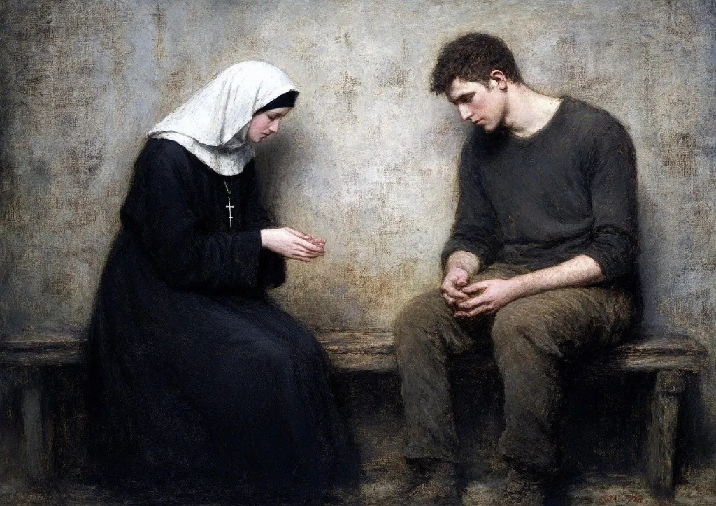 ai generated, nun, young man, pentimento, pentito