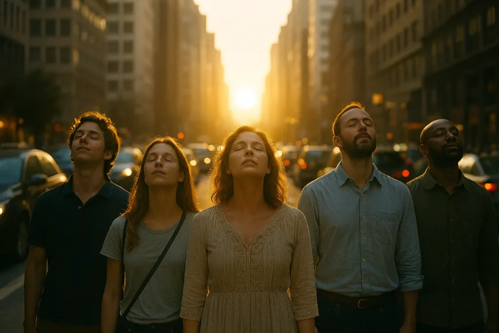 persone in estasi nel traffico, la luce di Dio