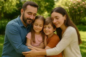 genitori e figli abbracciati