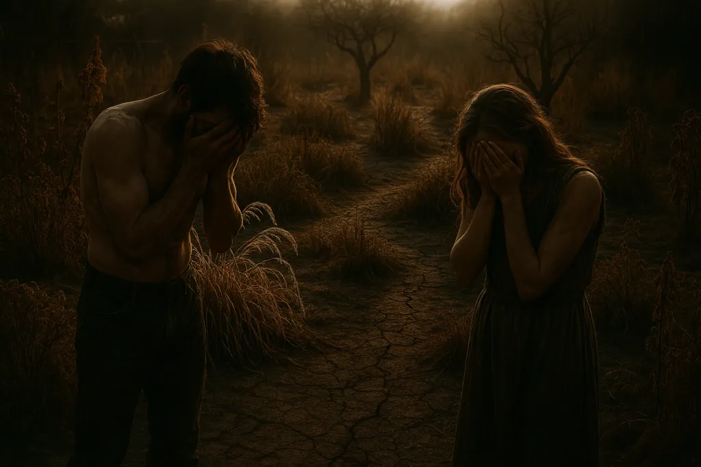 giardino seccato, uomo e donna si coprono per la vergogna