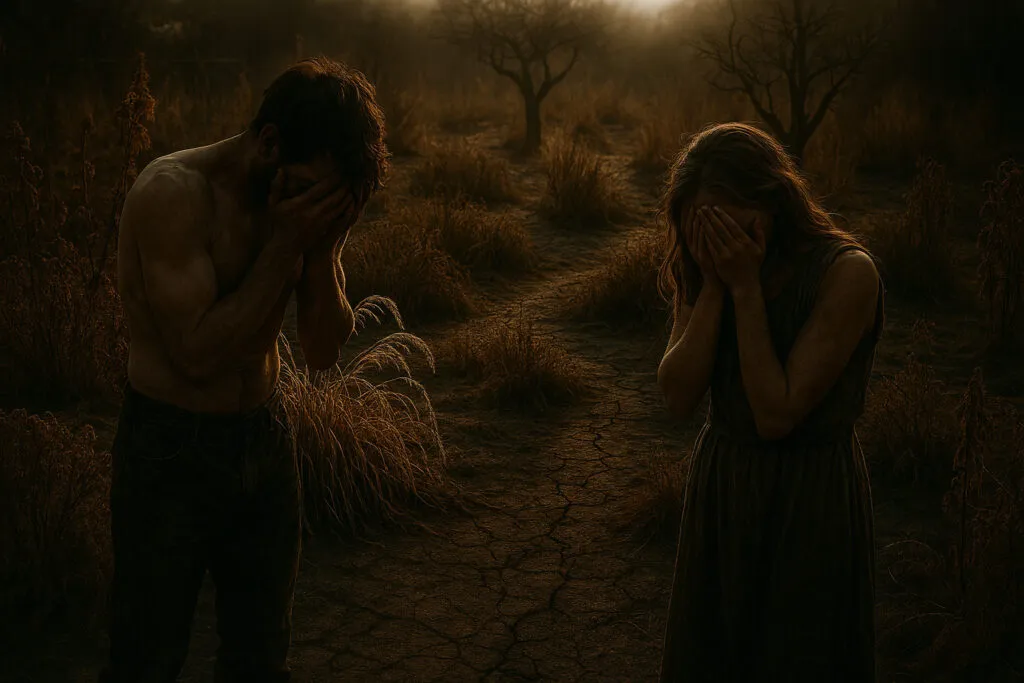 giardino seccato, uomo e donna si coprono per la vergogna