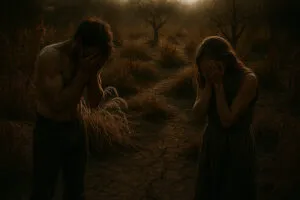 giardino seccato, uomo e donna si coprono per la vergogna