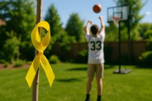 ragazzo tira a canestro in giardino, con nastro giallo