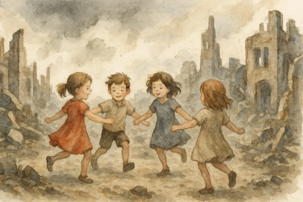 bambini che giocano malgrado la guerra, resilienza