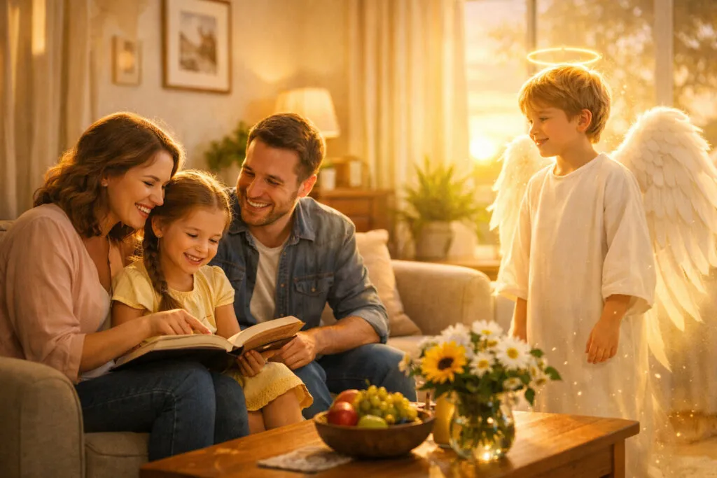 famiglia in preghiera, con angioletto vicino