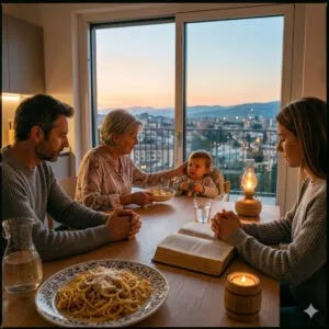 famiglia con bimbo piccolo mentre prega