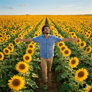 uomo braccia aperte in campo di girasoli
