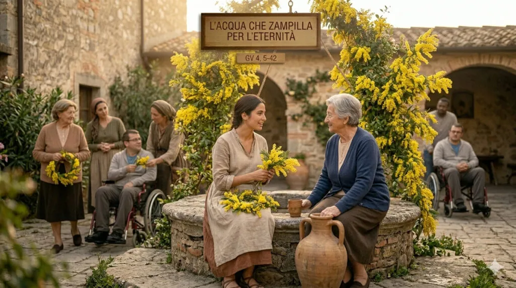 donne vicino al pozzo, con mimose per 8 marzo