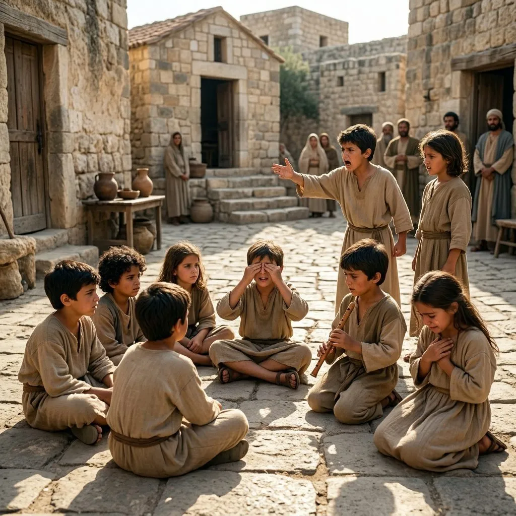bambini che, seduti in piazza, gridano gli uni agli altri così: “Vi abbiamo suonato il flauto e non avete ballato, abbiamo cantato un lamento e non avete pianto!”.