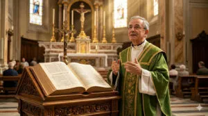 prete celebra la Messa, col Vangelo in evidenza