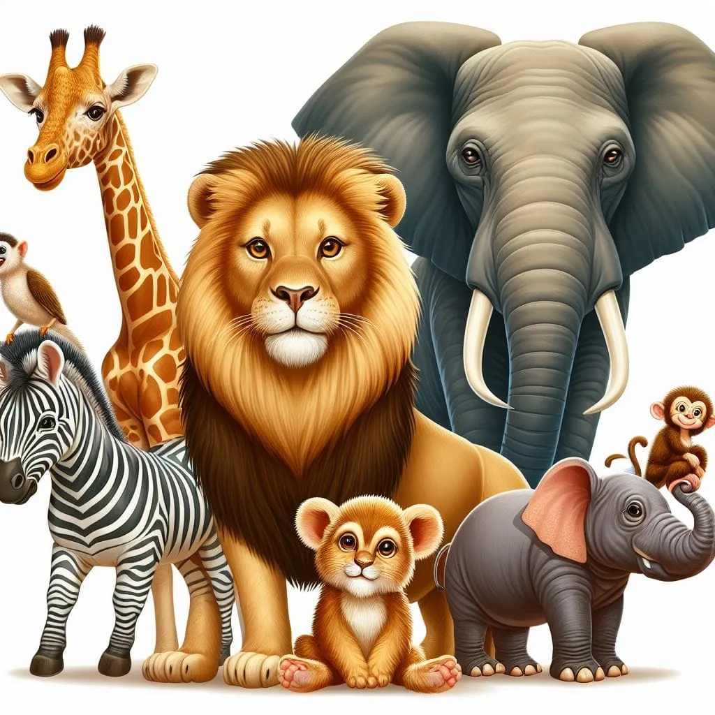 animali della foresta, leone, elefante, giraffa