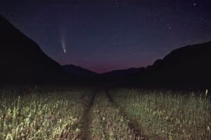 Stunning night landscape of a shooting star and field under a starry sky. Perfect for nature lovers.