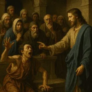 Gesù scaccia lo spirito impuro da un uomo nella sinagoga di Cafarnao