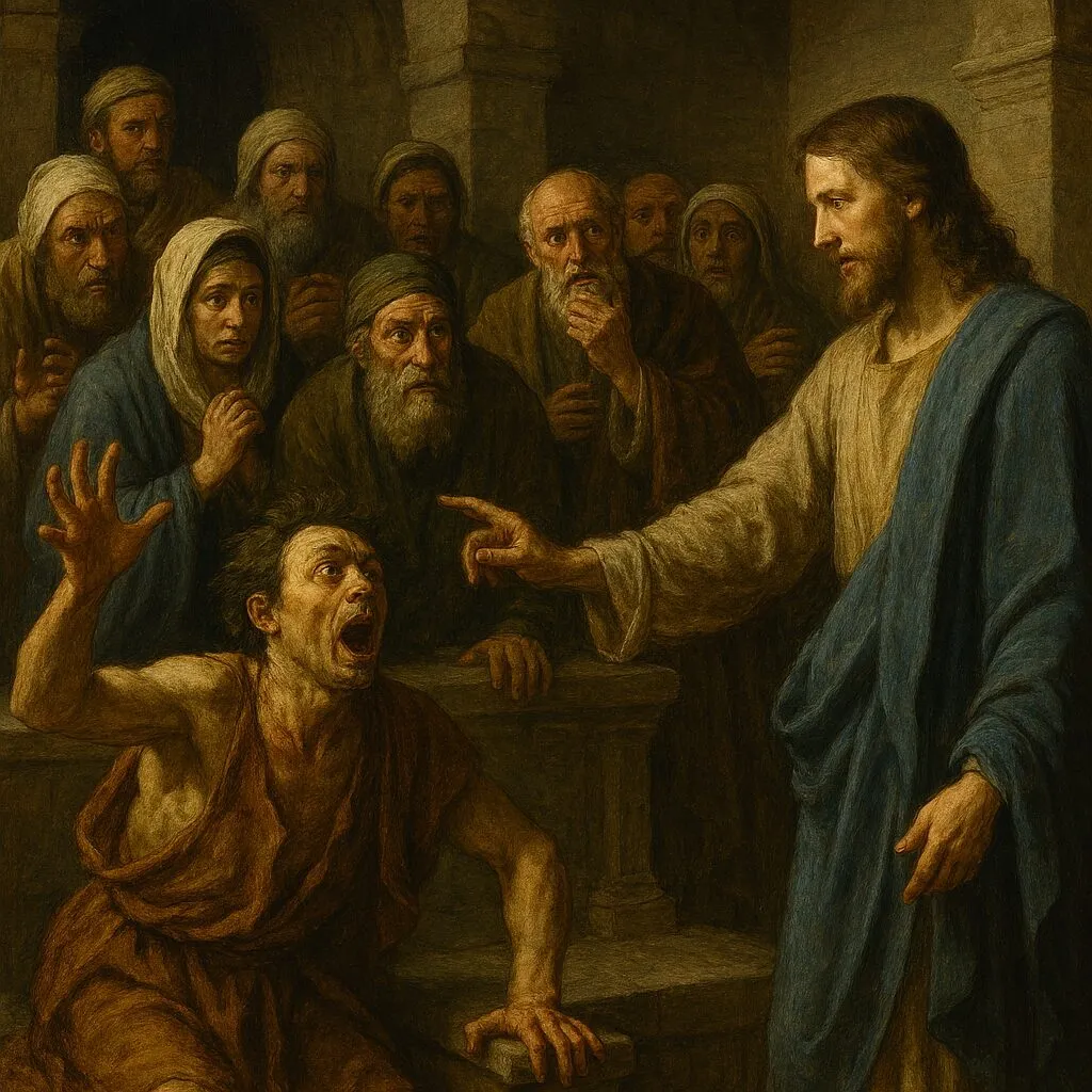 Gesù scaccia lo spirito impuro da un uomo nella sinagoga di Cafarnao