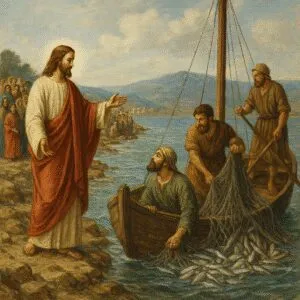 Gesù è raffigurato mentre predica sulla riva del lago di Gennesaret
