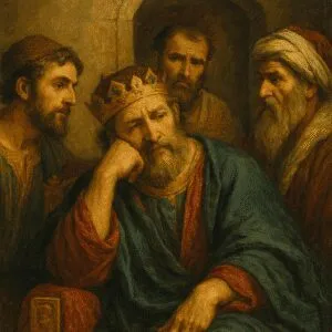 Ecco l'immagine ispirata al passo del Vangelo di Luca 9,7-9: Erode turbato dalle voci su Gesù, mentre si interroga se sia Giovanni Battista risorto, Elia o un profeta antico. Spero che renda visivamente la tensione e il mistero di quel momento