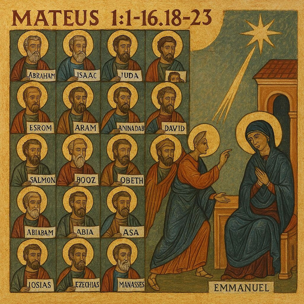 L'immagine rappresenta la genealogia di Gesù e la scena dell'Annunciazione, ispirata al Vangelo secondo Matteo 1,1-16.18-23.