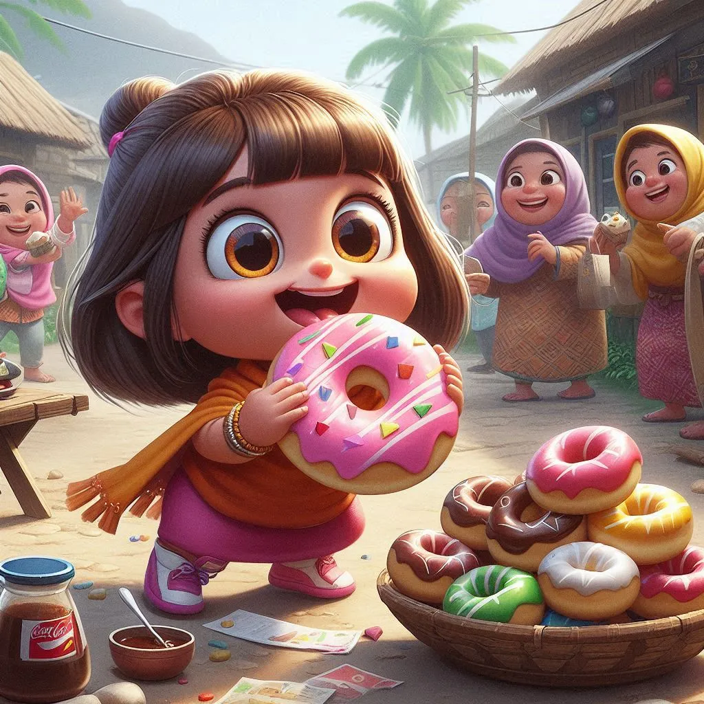mia, the mischievous girl who loves donuts with sugar, helping the villagers
