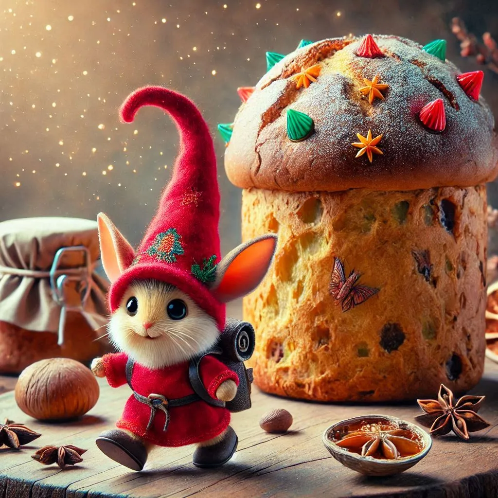 pannettino the magical panettone with a red hat on an adventure