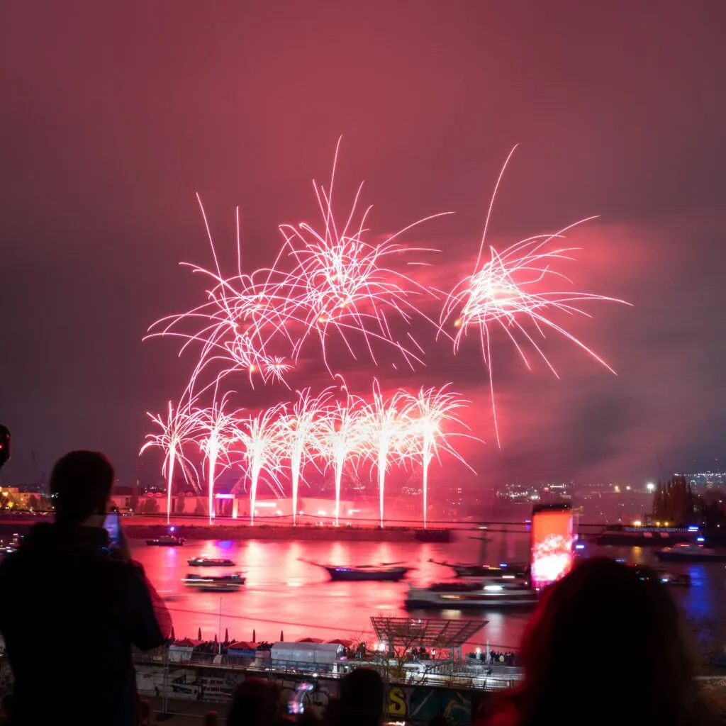 Vibrant fireworks light up the night sky over Hamburg's harbor with silhouetted spectators.