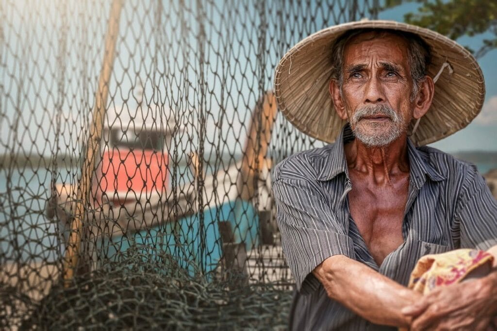 fisherman, old man, net
