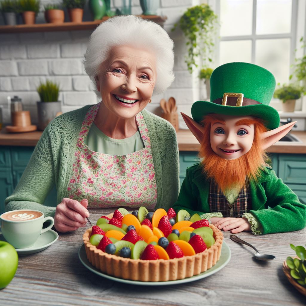 la nonna e il folletto mentre mangiano la crostata di frutta fresca