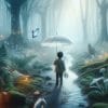 bambino con ombrello magico nella foresta