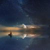 ocean, milky way, boat, oceano, barca nel mare calmo