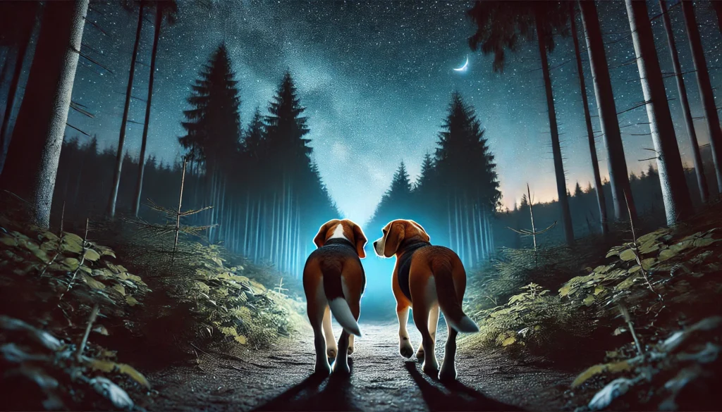 beagle che camminano nel bosco di sera