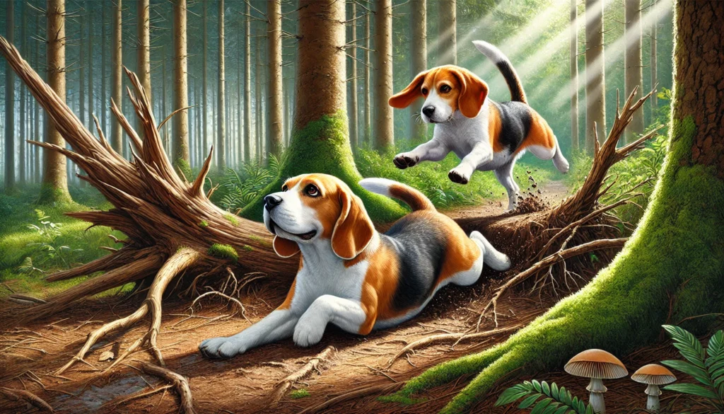 beagle che inciampa