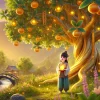 dall·e 2024 12 29 18.07.19 a magical tree with shimmering silk like leaves and golden chinese mandarins, located on a serene hillside near a glowing golden mountain. a kind look