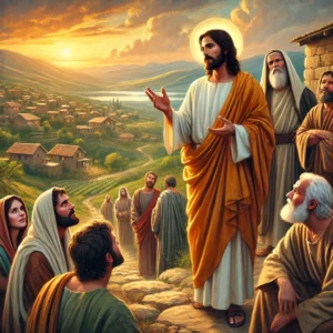 dall·e 2025 01 15 18.45.49 a vivid biblical scene inspired by mark 1 36 39. jesus is depicted speaking to his disciples, surrounded by serene countryside with small villages vis