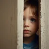 ai generated, child, hide, portrait, anxious, emotions, boy, childhood, wall, worries, sadness