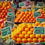 fruit stand, fruits, produce, harvest, organic, fresh produce, farmer's market, market stall, healthy, food, sale, vitamins, oranges, clementines, fresh fruits, sale, sale, sale, sale, sale