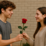 ragazzo porge una rosa rossa alla ragazza