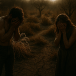 giardino seccato, uomo e donna si coprono per la vergogna