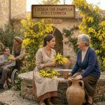 donne vicino al pozzo, con mimose per 8 marzo