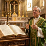 prete celebra la Messa, col Vangelo in evidenza